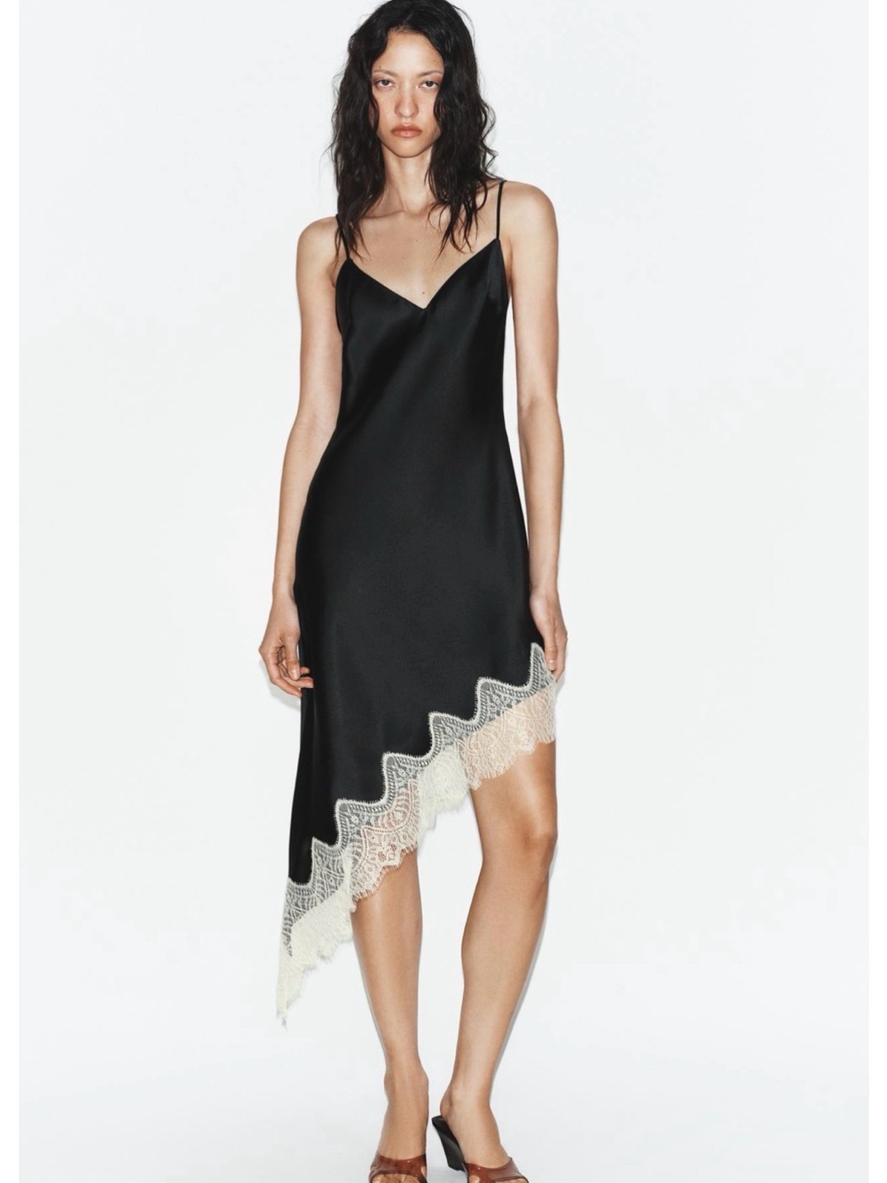 Zara Black Slip Dress with Cream Lace Asymmetric Hemline